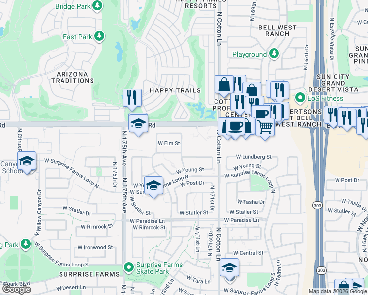 map of restaurants, bars, coffee shops, grocery stores, and more near 16731 North 172nd Avenue in Surprise