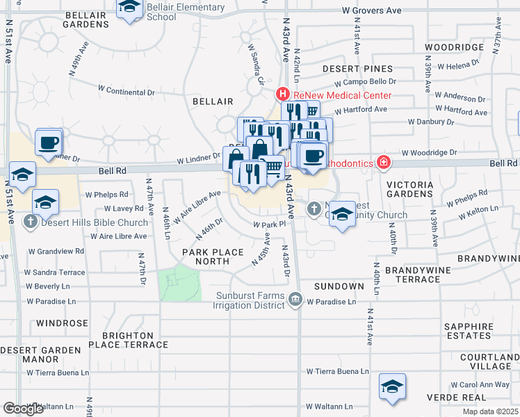 map of restaurants, bars, coffee shops, grocery stores, and more near 4343 West Bell Road in Glendale
