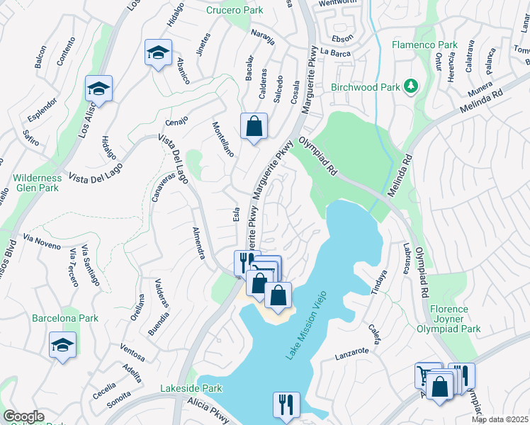map of restaurants, bars, coffee shops, grocery stores, and more near 22482 Manacor in Mission Viejo