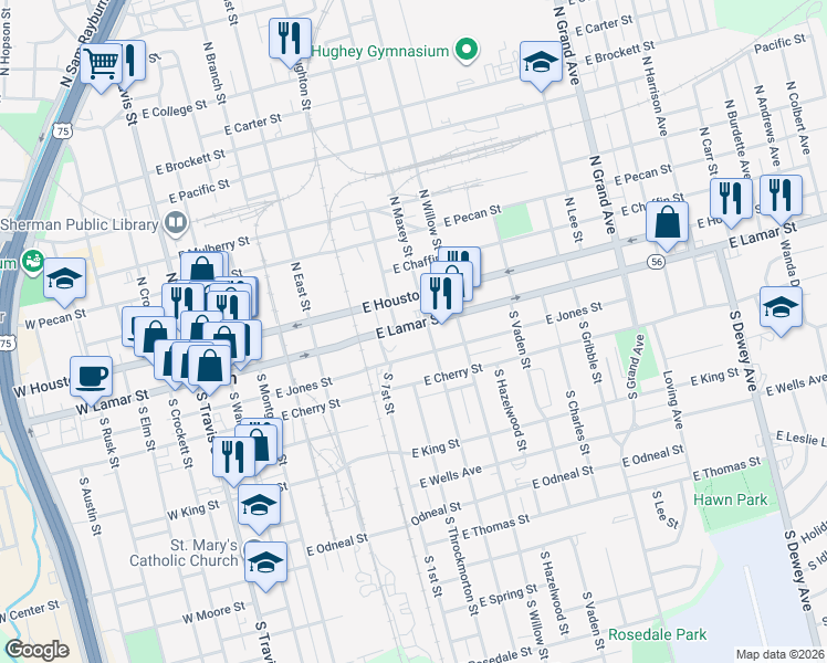 map of restaurants, bars, coffee shops, grocery stores, and more near 801 East Lamar Street in Sherman