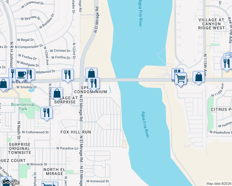map of restaurants, bars, coffee shops, grocery stores, and more near 12123 West Bell Road in Surprise