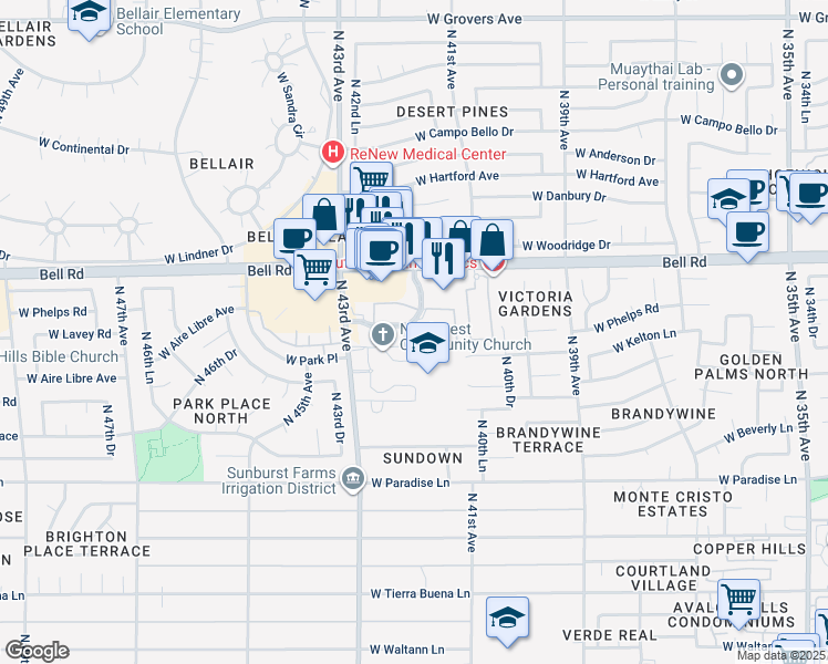 map of restaurants, bars, coffee shops, grocery stores, and more near 2 West Juniper Avenue in Phoenix