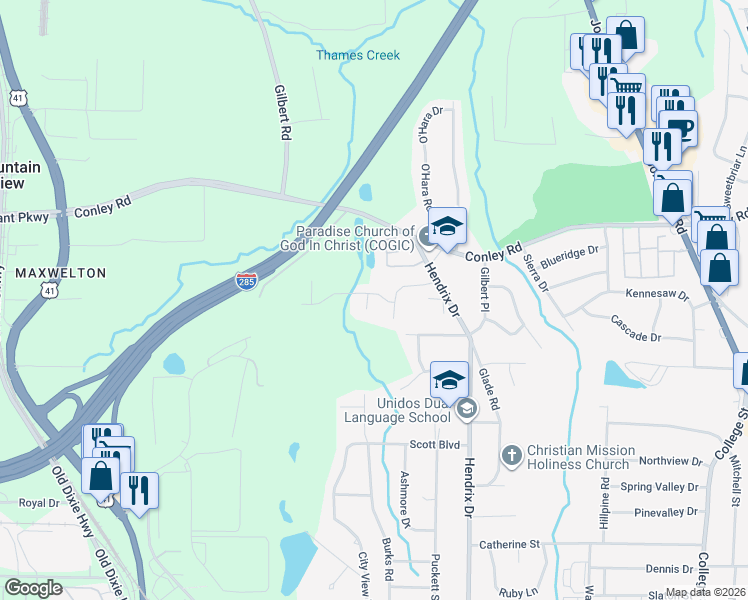 map of restaurants, bars, coffee shops, grocery stores, and more near 461 Greenhill Way in Forest Park