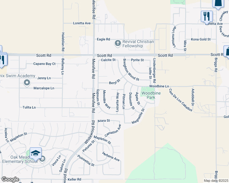 map of restaurants, bars, coffee shops, grocery stores, and more near 29167 Roselite Circle in Menifee