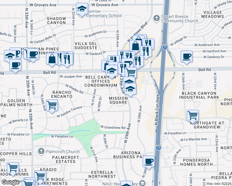 map of restaurants, bars, coffee shops, grocery stores, and more near 16634 North 29th Drive in Phoenix