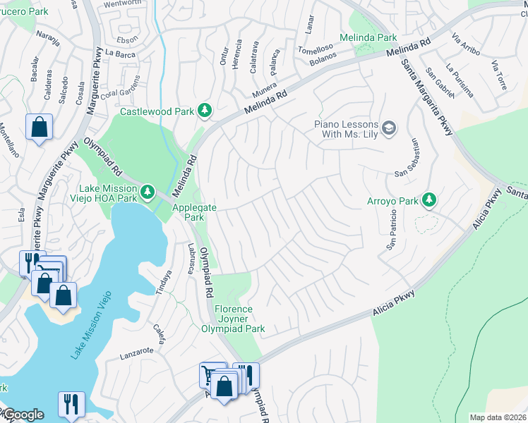 map of restaurants, bars, coffee shops, grocery stores, and more near 22371 Deerbrook in Mission Viejo