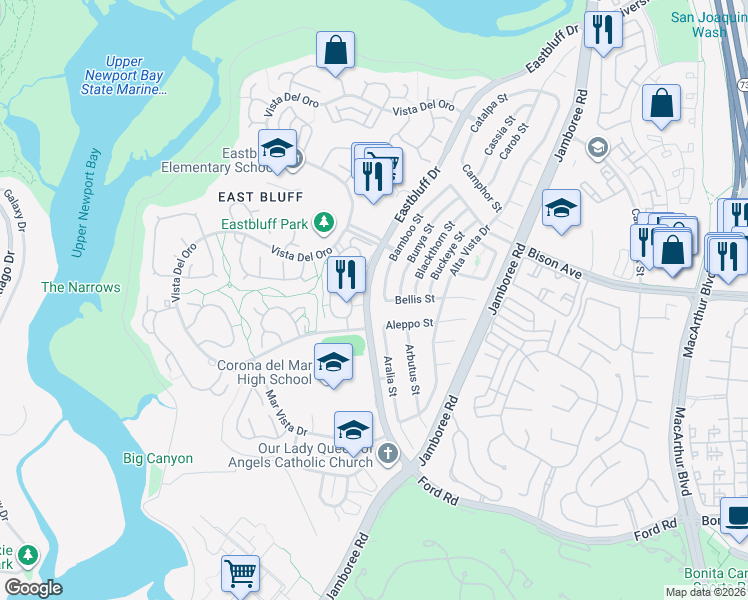 map of restaurants, bars, coffee shops, grocery stores, and more near 2417 Bamboo Street in Newport Beach