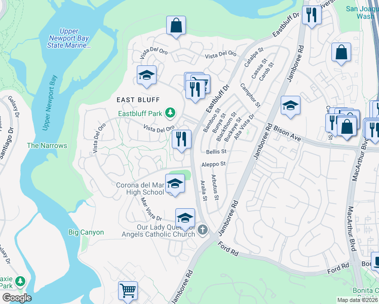 map of restaurants, bars, coffee shops, grocery stores, and more near 2417 Bamboo Street in Newport Beach