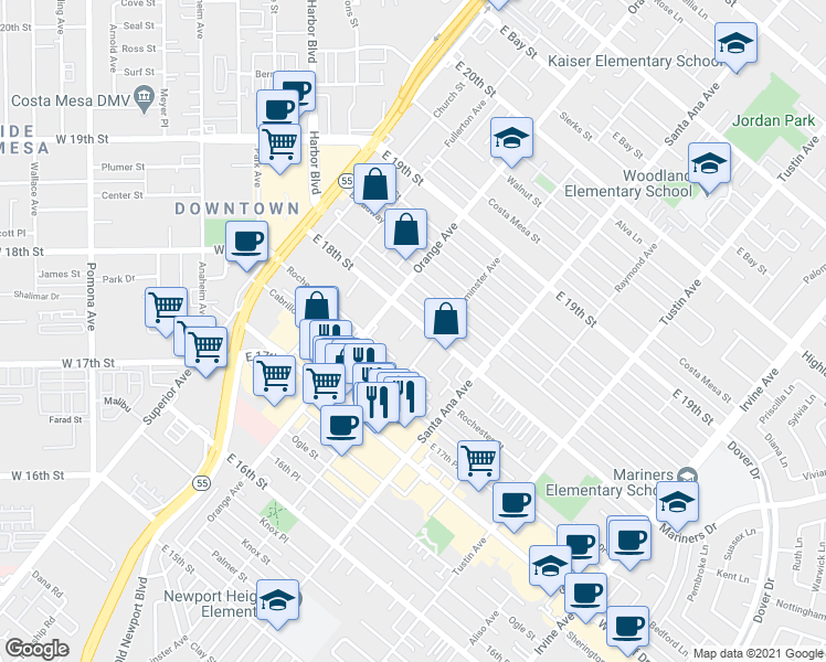 map of restaurants, bars, coffee shops, grocery stores, and more near 1789 Rogers Place in Costa Mesa