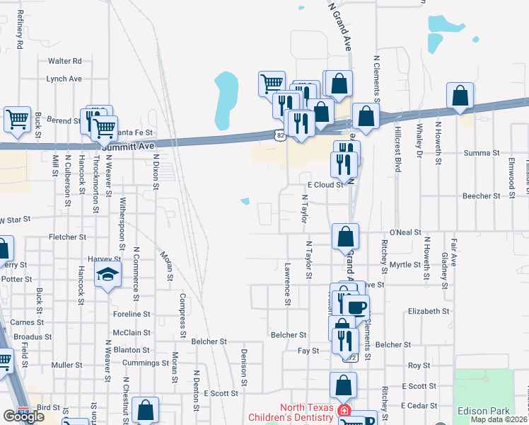 map of restaurants, bars, coffee shops, grocery stores, and more near 1100 Lawrence Street in Gainesville
