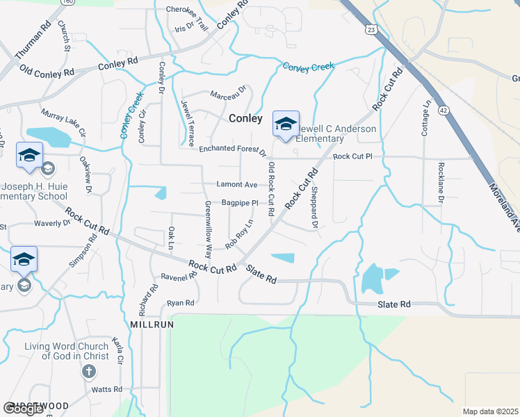 map of restaurants, bars, coffee shops, grocery stores, and more near 1679 Old Rock Cut Road in Conley