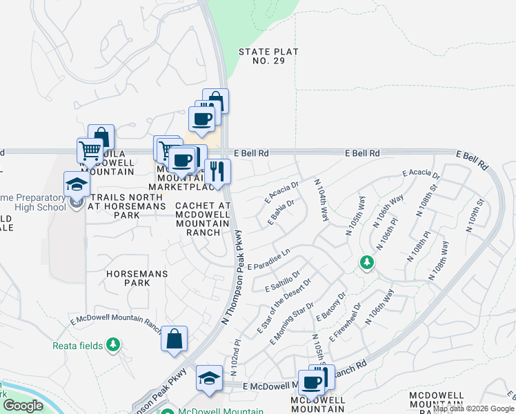 map of restaurants, bars, coffee shops, grocery stores, and more near 10287 Jasmine Drive in Scottsdale