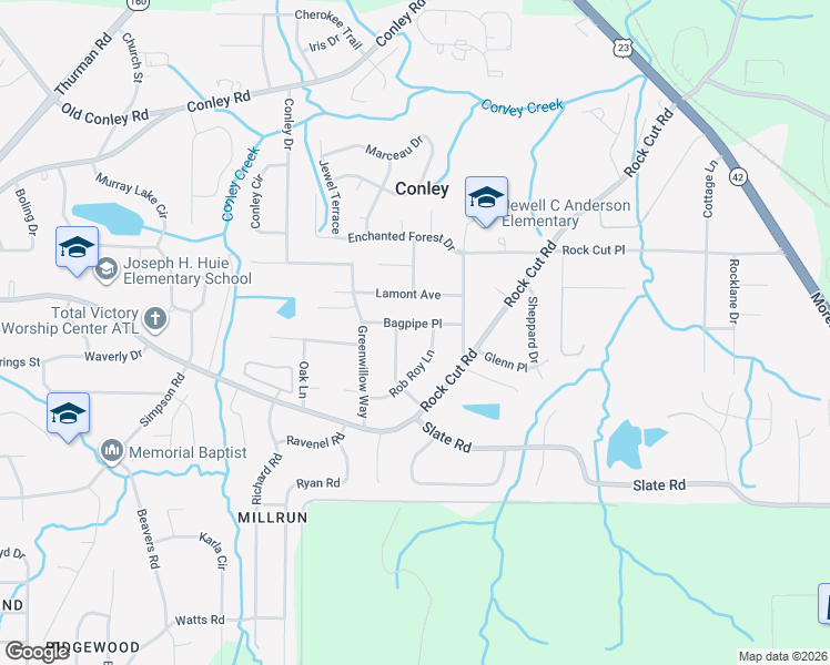 map of restaurants, bars, coffee shops, grocery stores, and more near 1637 Bagpipe Place in Conley