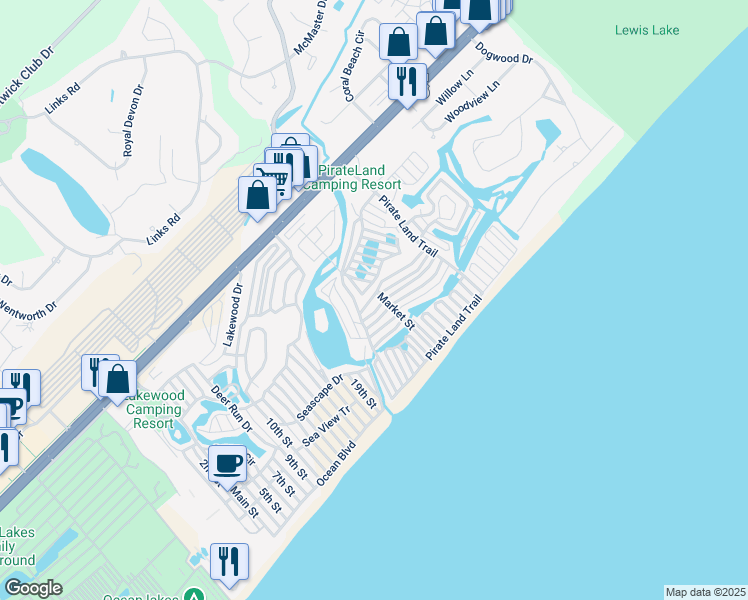 map of restaurants, bars, coffee shops, grocery stores, and more near 370 Pirate Land Trail in Myrtle Beach