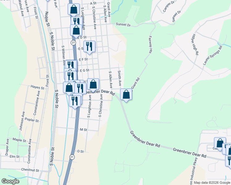 map of restaurants, bars, coffee shops, grocery stores, and more near 801 Smith Avenue in Anniston