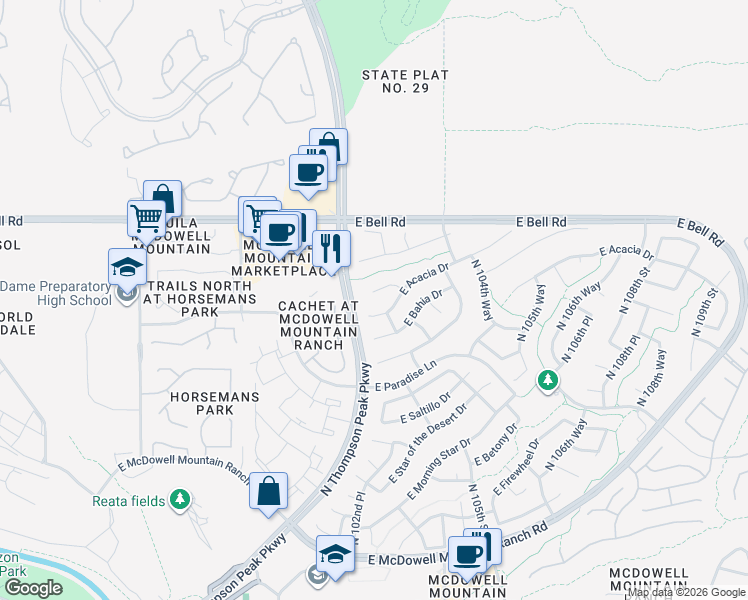 map of restaurants, bars, coffee shops, grocery stores, and more near 10287 Jasmine Drive in Scottsdale