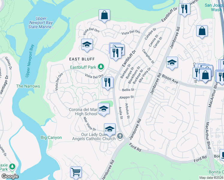 map of restaurants, bars, coffee shops, grocery stores, and more near 2417 Bamboo Street in Newport Beach