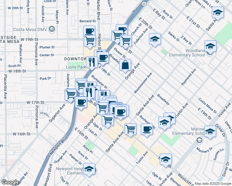 map of restaurants, bars, coffee shops, grocery stores, and more near 1770 Orange Avenue in Costa Mesa