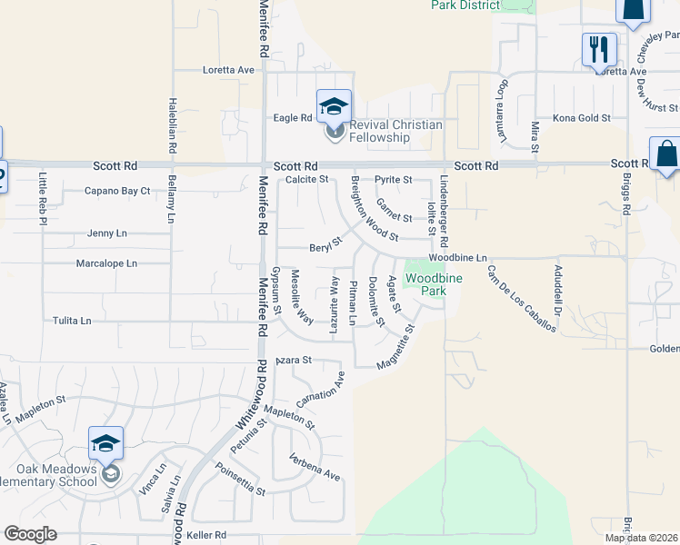 map of restaurants, bars, coffee shops, grocery stores, and more near 33282 Lazurite Way in Menifee