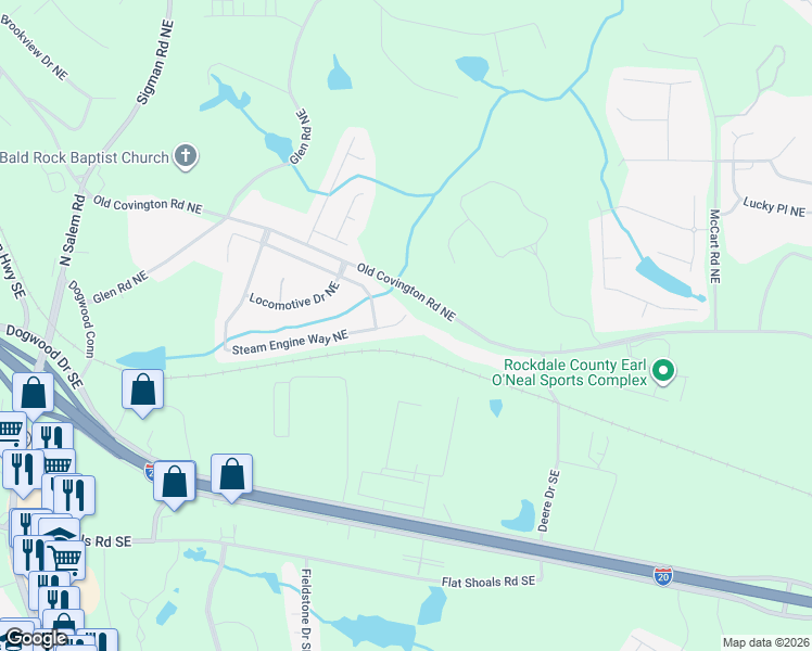 map of restaurants, bars, coffee shops, grocery stores, and more near 1480 Steam Engine Way Northeast in Conyers