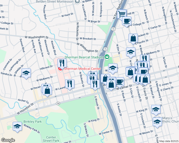 map of restaurants, bars, coffee shops, grocery stores, and more near 302 North Woods Street in Sherman