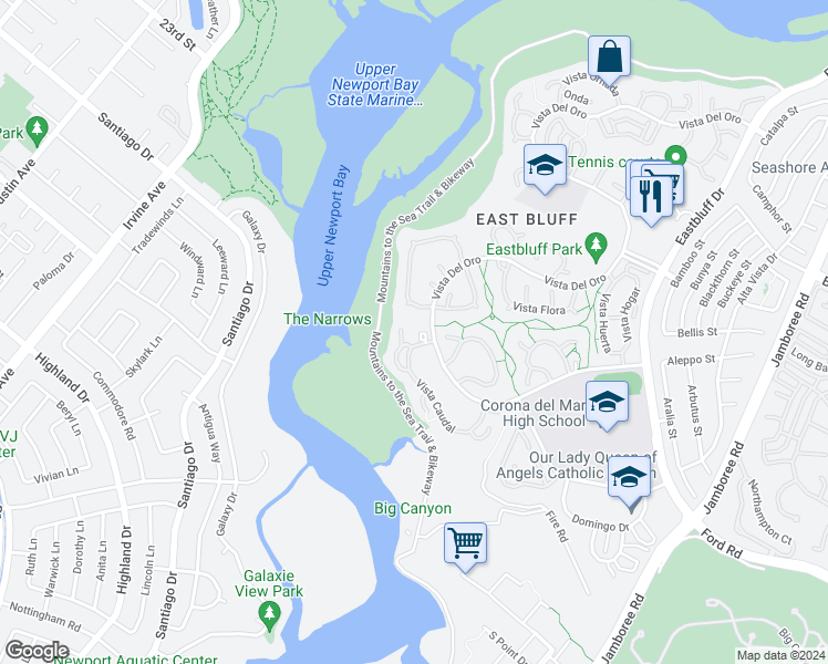 map of restaurants, bars, coffee shops, grocery stores, and more near 306 Avenida Cumbre in Newport Beach