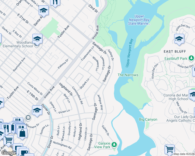 map of restaurants, bars, coffee shops, grocery stores, and more near 1900 Holiday Road in Newport Beach