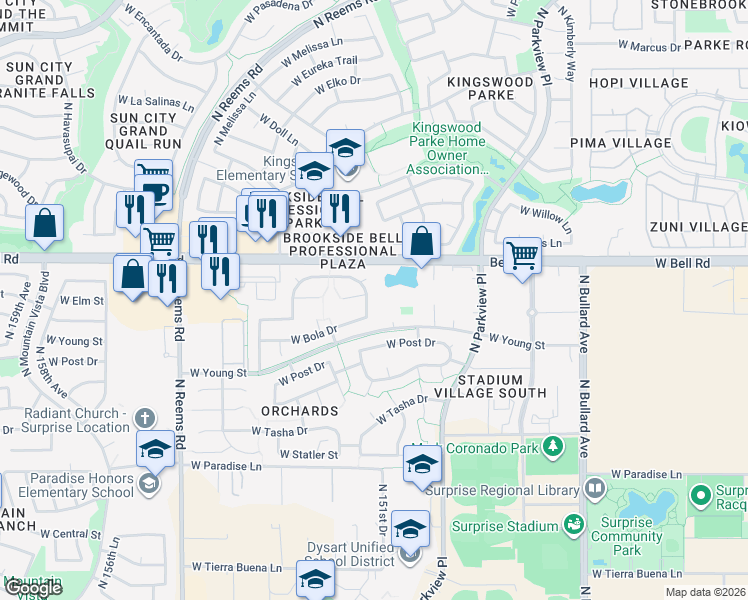 map of restaurants, bars, coffee shops, grocery stores, and more near 16825 North 151st Lane in Surprise