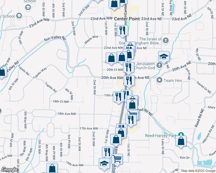 map of restaurants, bars, coffee shops, grocery stores, and more near 144 Sterling Circle Northwest in Center Point