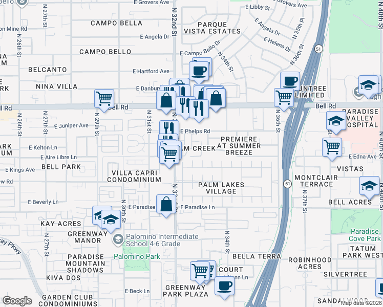 map of restaurants, bars, coffee shops, grocery stores, and more near 16635 North 32nd Place in Phoenix