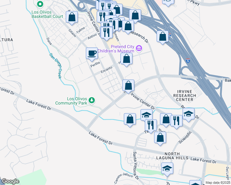 map of restaurants, bars, coffee shops, grocery stores, and more near 124 San Benito in Irvine