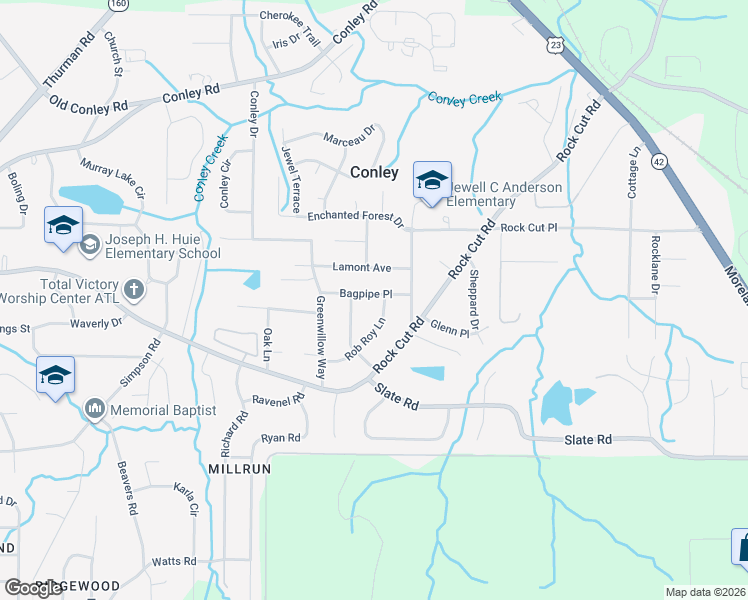 map of restaurants, bars, coffee shops, grocery stores, and more near 1637 Bagpipe Place in Conley