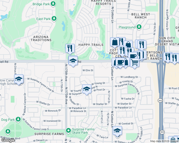 map of restaurants, bars, coffee shops, grocery stores, and more near 17233 West Elm Street in Surprise