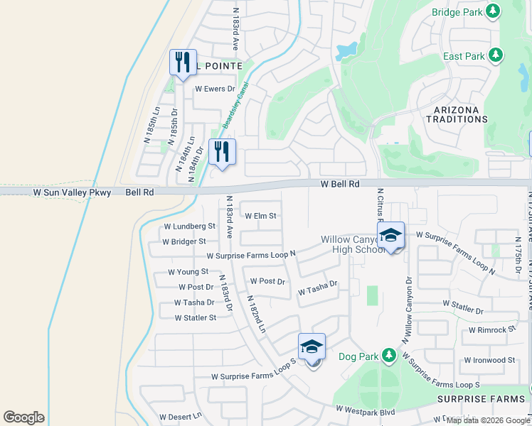 map of restaurants, bars, coffee shops, grocery stores, and more near 18126 West Elm Street in Surprise