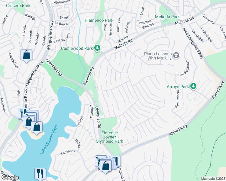 map of restaurants, bars, coffee shops, grocery stores, and more near 22382 Bayberry in Mission Viejo