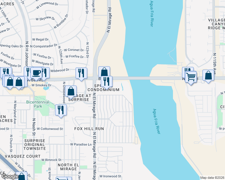 map of restaurants, bars, coffee shops, grocery stores, and more near 12123 West Bell Road in Surprise