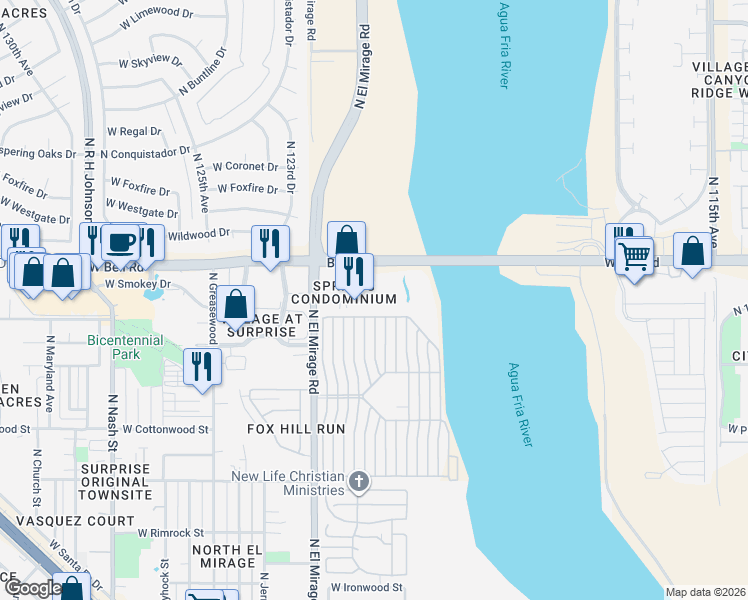 map of restaurants, bars, coffee shops, grocery stores, and more near Orchid Lane in Surprise