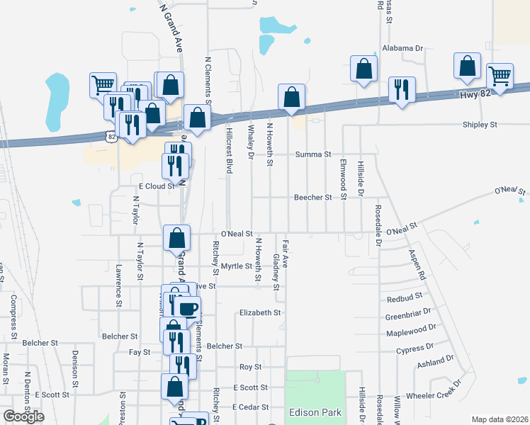 map of restaurants, bars, coffee shops, grocery stores, and more near 1112 North Howeth Street in Gainesville