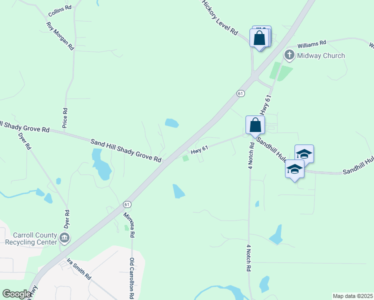 map of restaurants, bars, coffee shops, grocery stores, and more near 2576 Highway 61 in Carrollton
