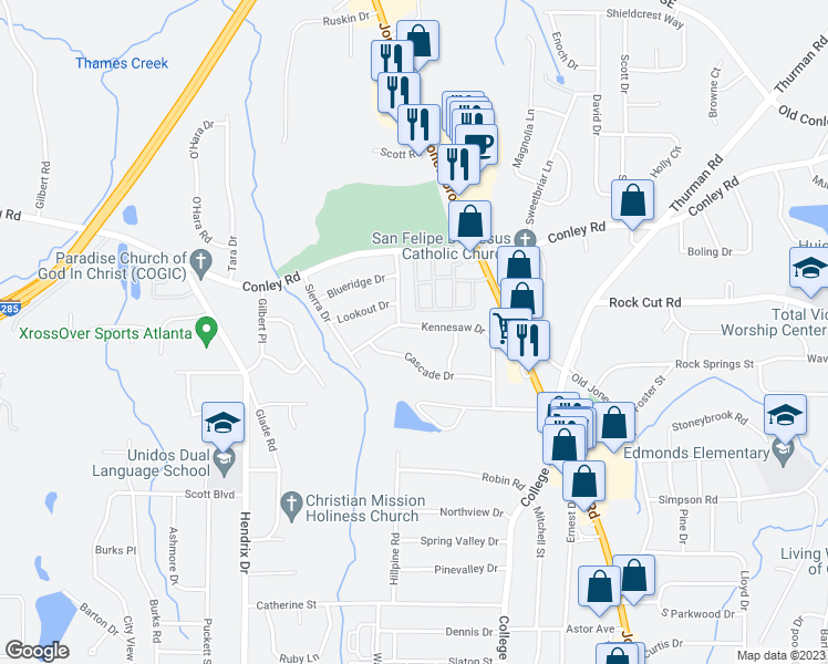 map of restaurants, bars, coffee shops, grocery stores, and more near 785 Kennesaw Drive in Forest Park