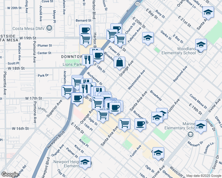 map of restaurants, bars, coffee shops, grocery stores, and more near 1770 Orange Avenue in Costa Mesa