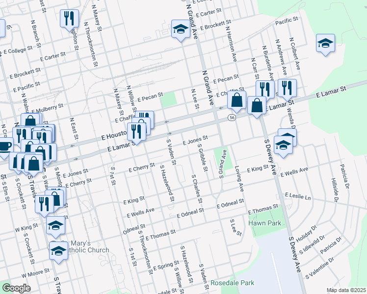 map of restaurants, bars, coffee shops, grocery stores, and more near 1124 East Jones Street in Sherman