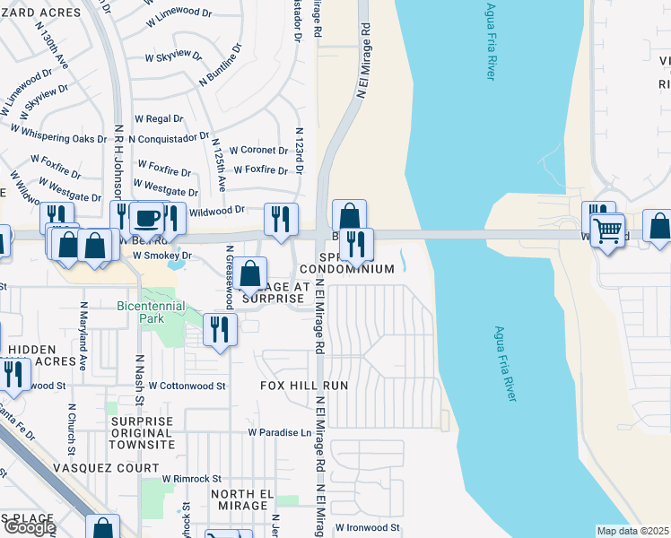 map of restaurants, bars, coffee shops, grocery stores, and more near 12221 West Bell Road in Surprise