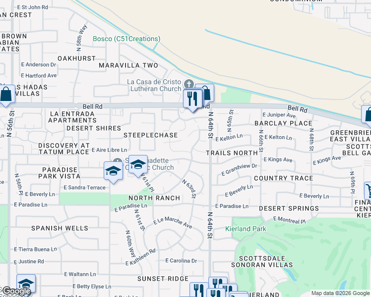 map of restaurants, bars, coffee shops, grocery stores, and more near 6244 East Aire Libre Lane in Scottsdale
