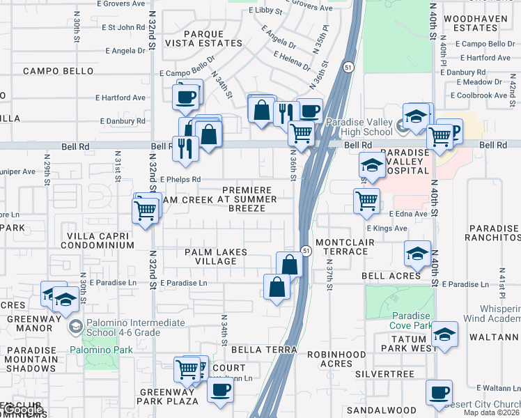 map of restaurants, bars, coffee shops, grocery stores, and more near 3521 East Kelton Lane in Phoenix