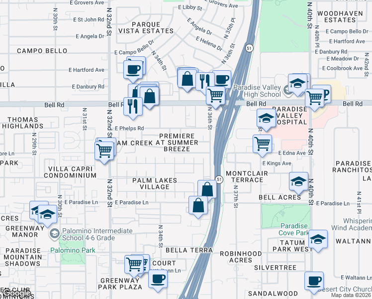 map of restaurants, bars, coffee shops, grocery stores, and more near 3521 East Kelton Lane in Phoenix