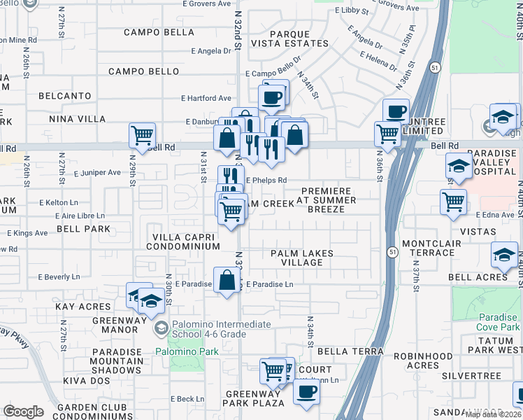 map of restaurants, bars, coffee shops, grocery stores, and more near 16635 North 32nd Place in Phoenix