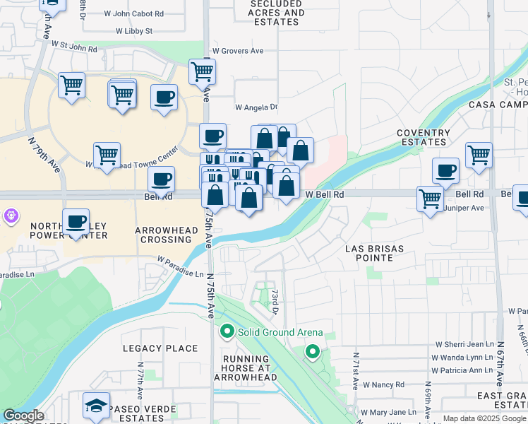 map of restaurants, bars, coffee shops, grocery stores, and more near 7337 West Bell Road in Peoria