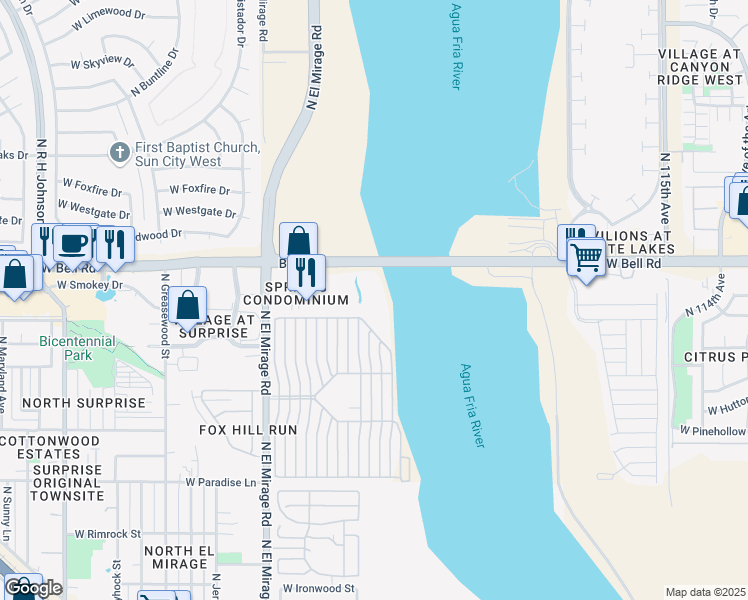 map of restaurants, bars, coffee shops, grocery stores, and more near 12123 West Bell Road in Surprise