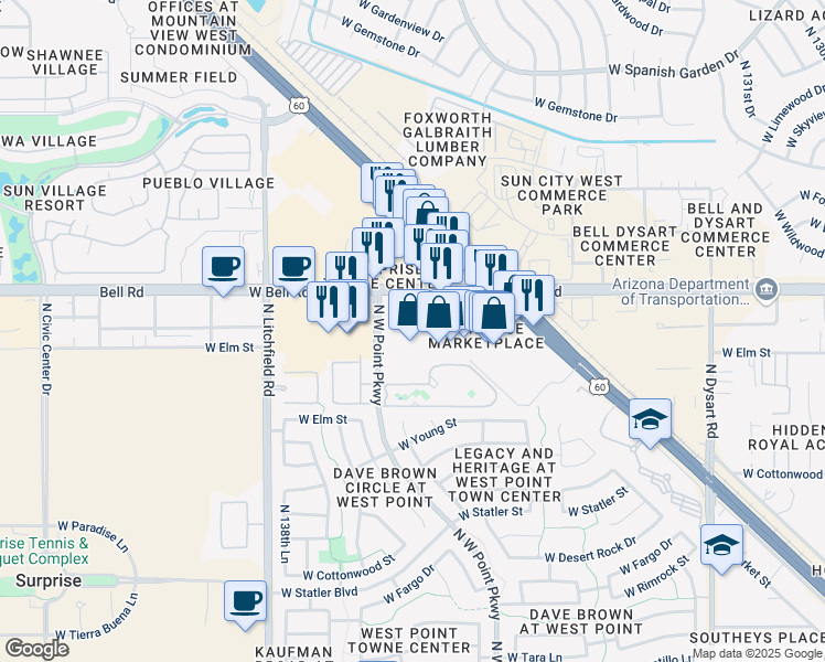 map of restaurants, bars, coffee shops, grocery stores, and more near 13731 West Bell Road in Surprise
